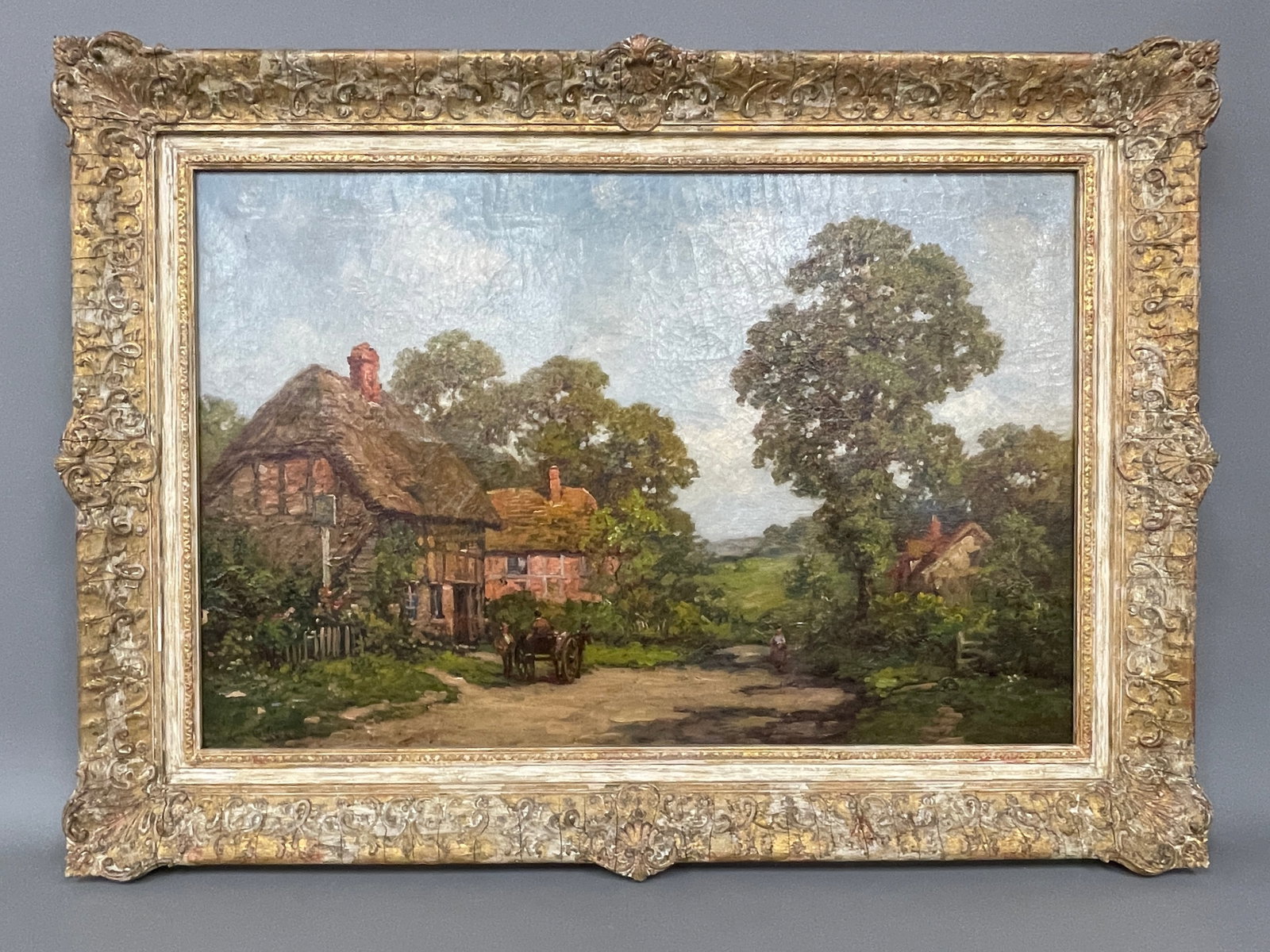 LANDSCAPE PAINTING BY ROBERT CAWTHORNE: ROBERT CAWTHORNE. (ENGLAND 1880-1930) OIL ON CANVAS. FIGURAL LANDSCAPE IN EXCELLENT CONDITION. ENGLISH TAVERN SHOWING COUNTRY COURTYARD WITH, PATRONS AND CARRIAGE. SIGNED LOWER LEFT: “ROBT CAWTHORNE