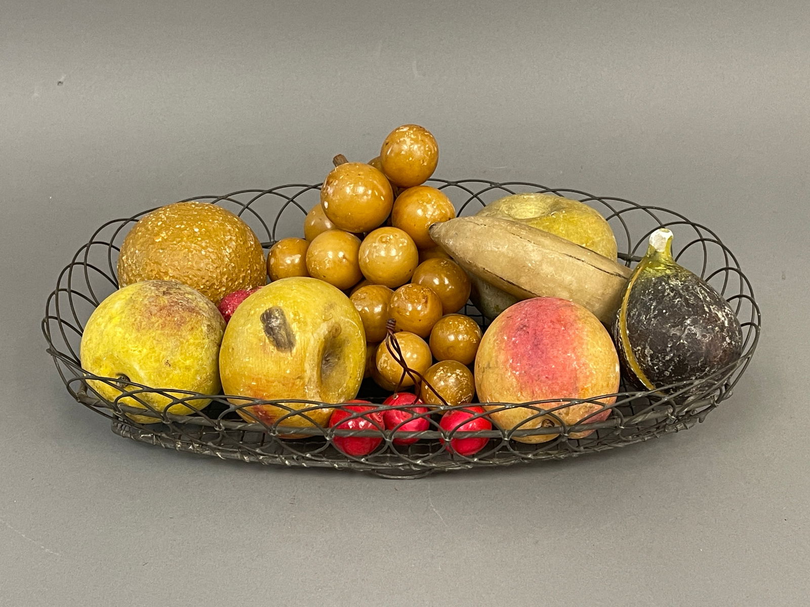 19TH C WIRE FANCY BASKET WITH 12 PCS STONE FRUIT (1 of 4)