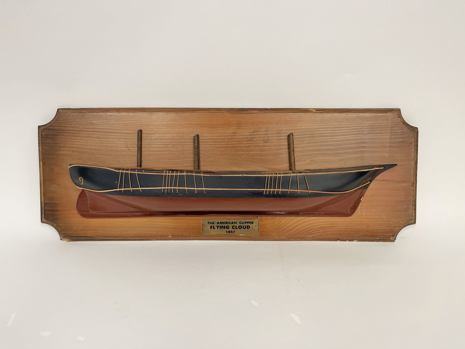 MOUNTED CARVED SHIPS HALF HULL: MOUNTED CARVED SHIPS HALF HULL "FLYING CLOUD", 25 X 9