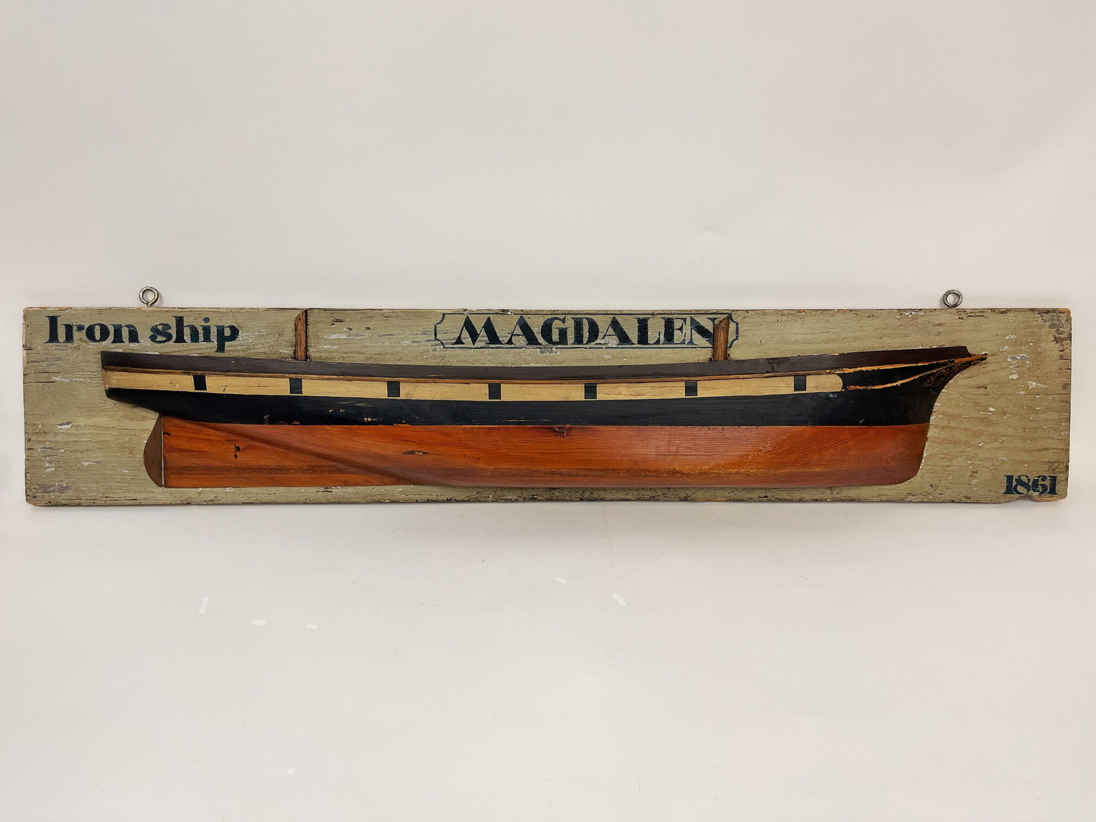 HALF HULL "MAGDALENE" CARVED AND MOUNTED: HALF HULL "MAGDALENE" CARVED AND MOUNTED, 44 X 8
