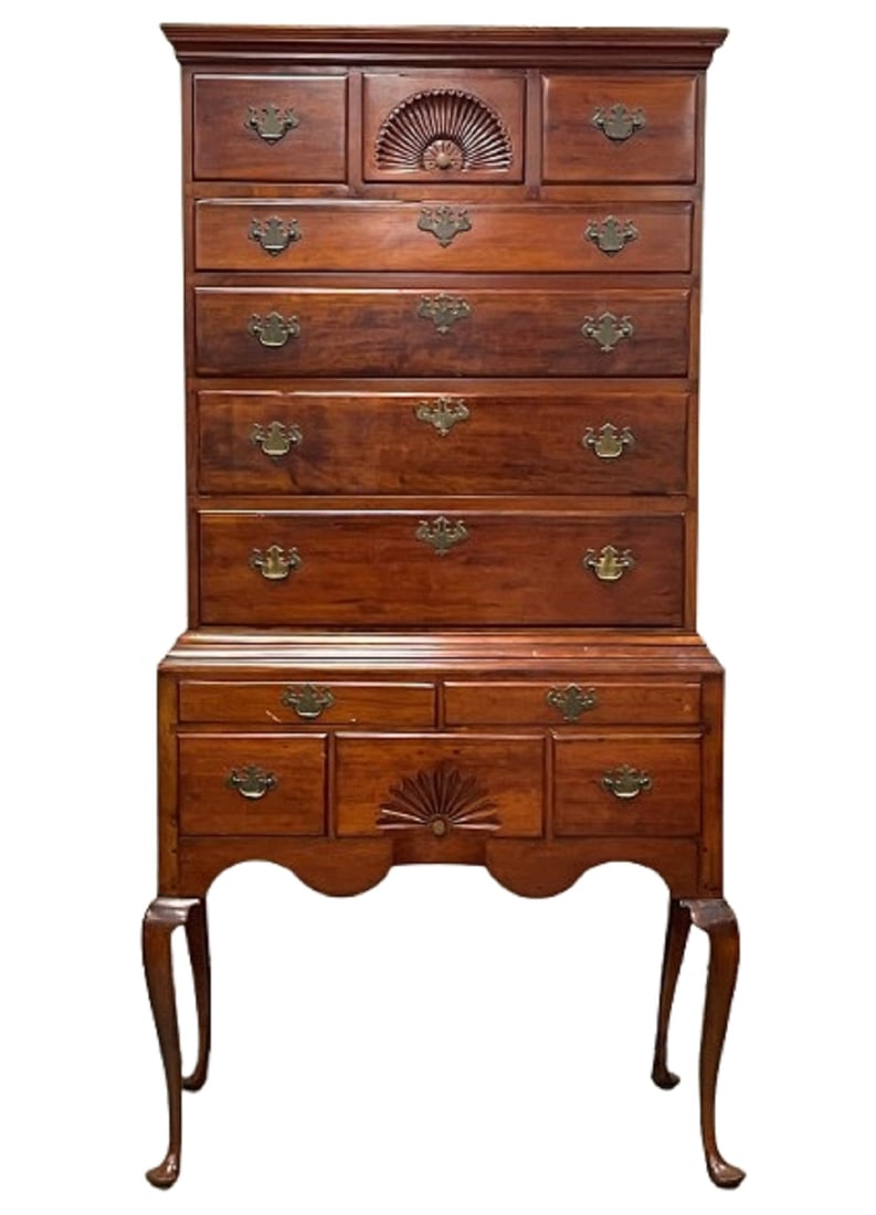 18TH C QUEEN ANNE HIGHBOY CHEST, RARE 34" (1 of 4)