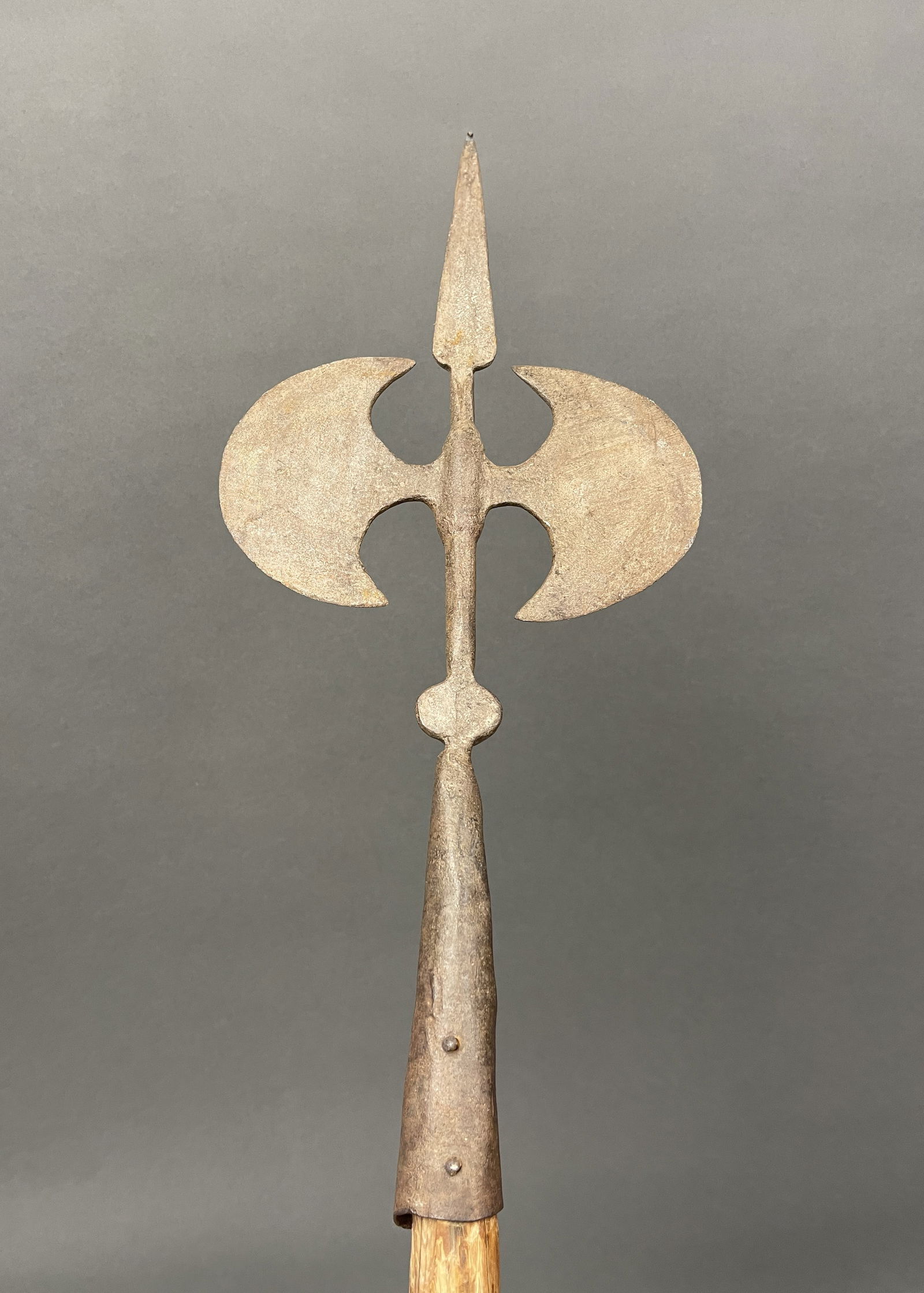 EXTREMELY EARLY FORGED IRON DOUBLE BLADED HALBERD ON ANCIENT WOODEN SHAFT (1 of 3)