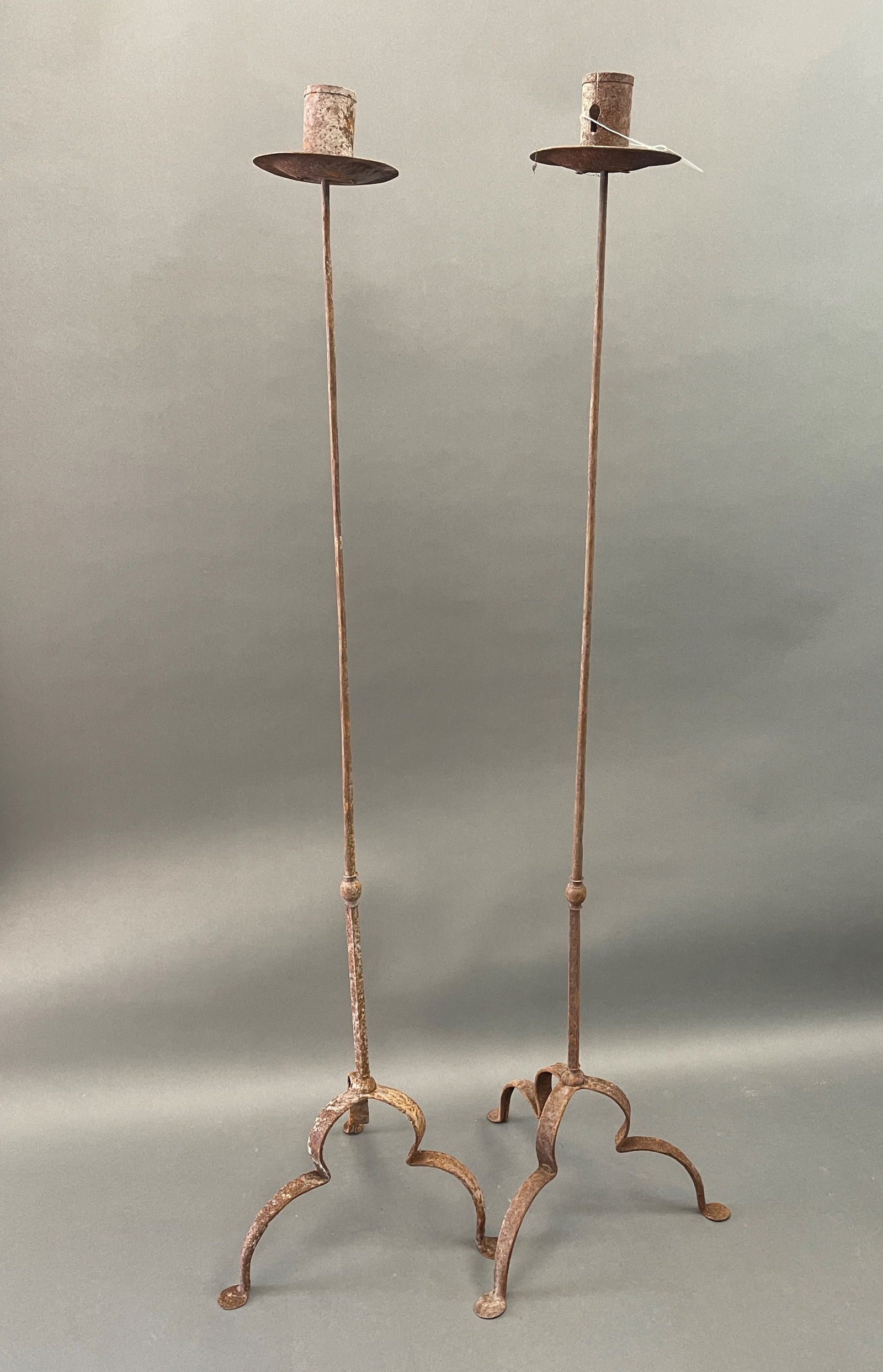 EARLY BLACKSMITH MADE PAIR OF PENNY FOOTED TALL TORCHIERES EACH ONE LARGE SOCKET DISH DRIP PAN (1 of 3)