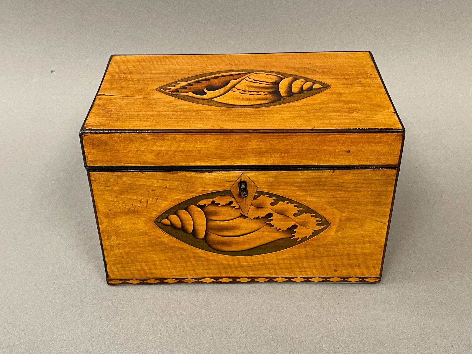 19TH C SATINWOOD CONCH SHELL TEA CADDY INLAID (1 of 6)