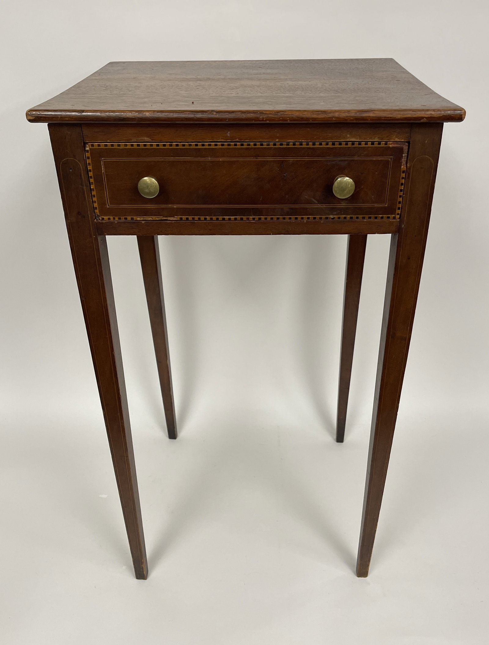 HEPPLEWHITE PERIOD ONE DRAWER INLAID STAND: HEPPLEWHITE PERIOD ONE DRAWER INLAID STAND, DOVETAILED DRAWERS, OLD SURFACE, 16 X 16 X 28