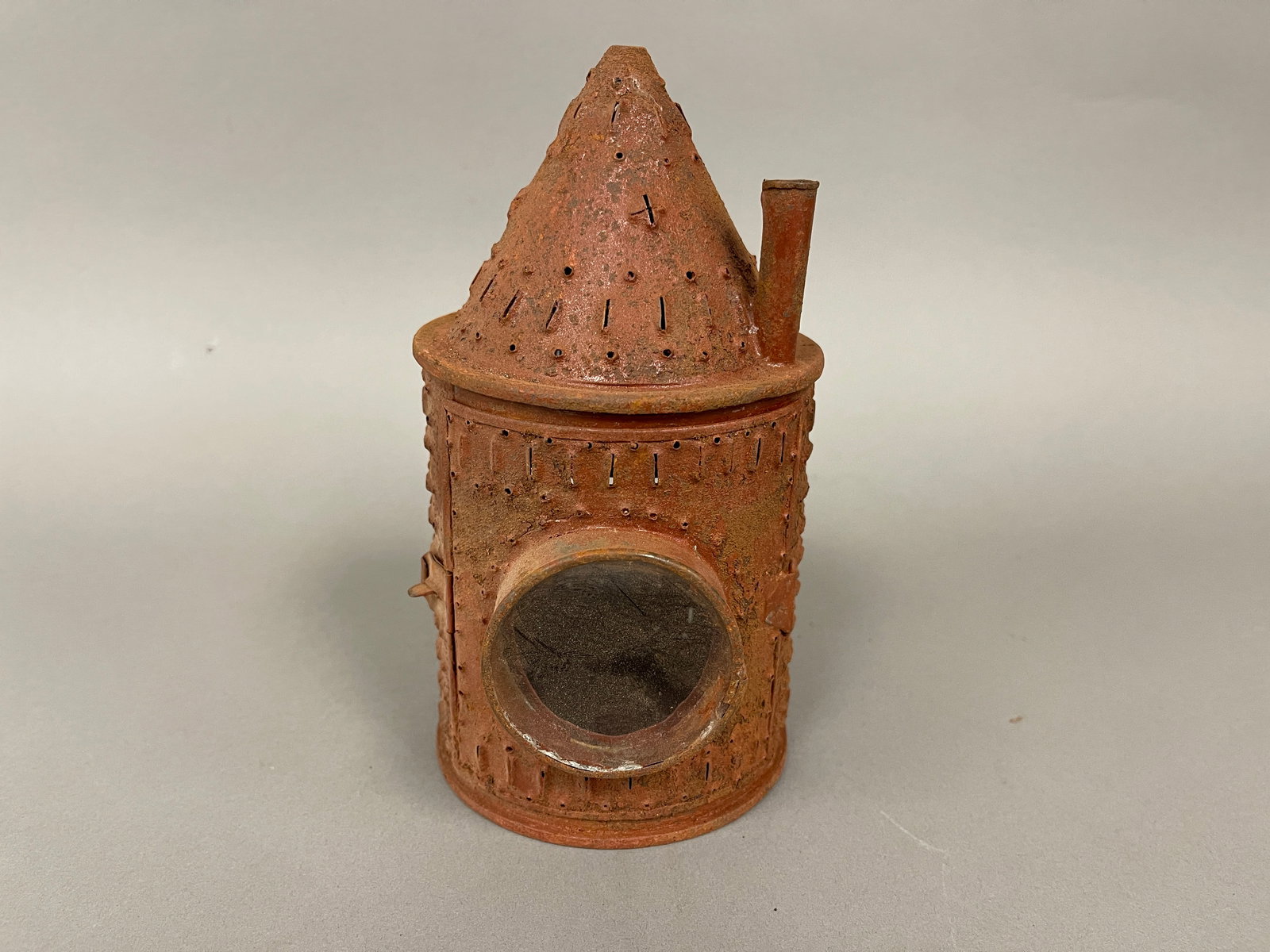 OLD PIERCED IRON MINIATURE " PAUL REVERE" STYLE LANTERN: NEAT OLD PIERCED IRON MINIATURE " PAUL REVERE" STYLE LANTERN 4" X 8" T