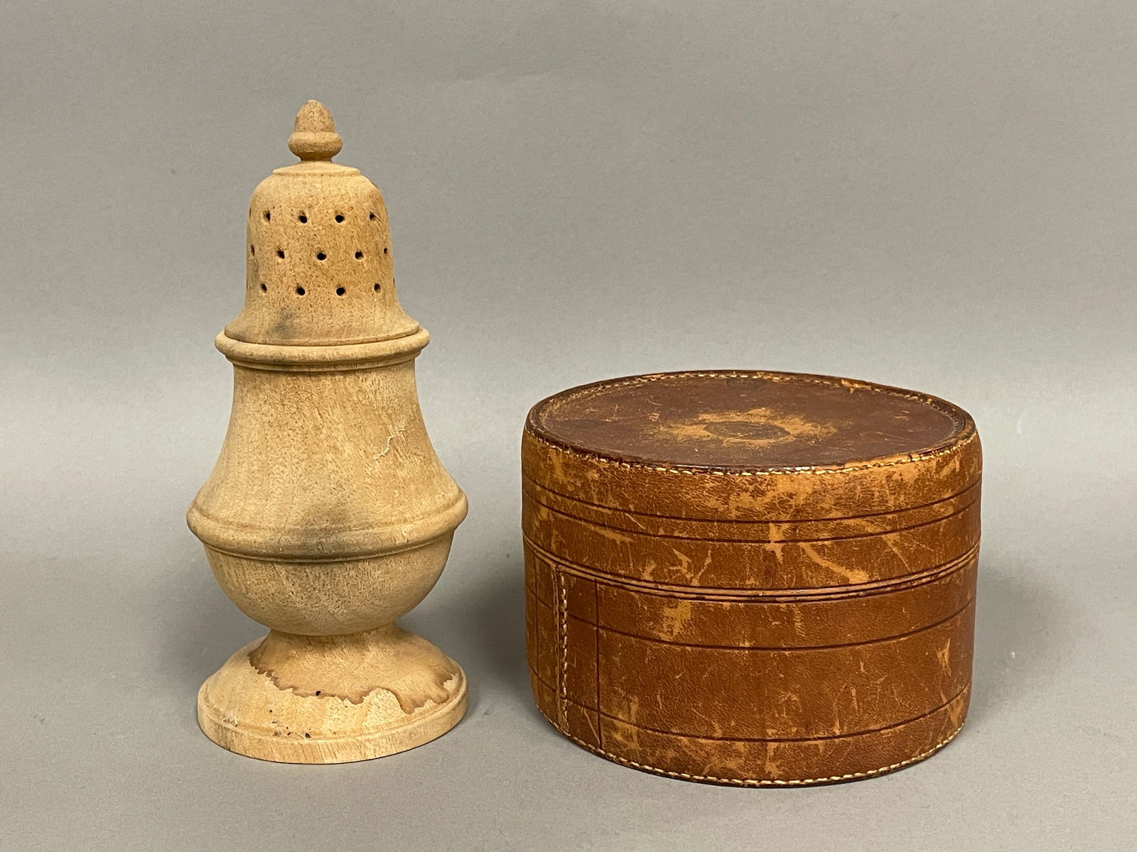 EARLY TURNED SUGAR CASTER AND LEATHER COLLAR BOX (1 of 3)