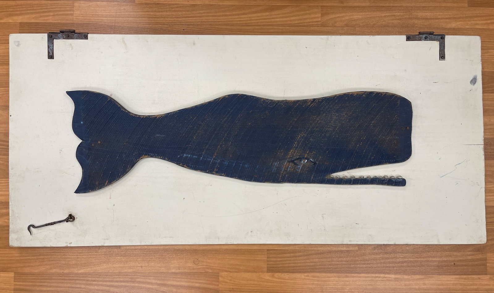 FOLK ART MOUNTED WHALE: FOLK ART MOUNTED WHALE ON AN OLD DOOR SIGNED K EMACK