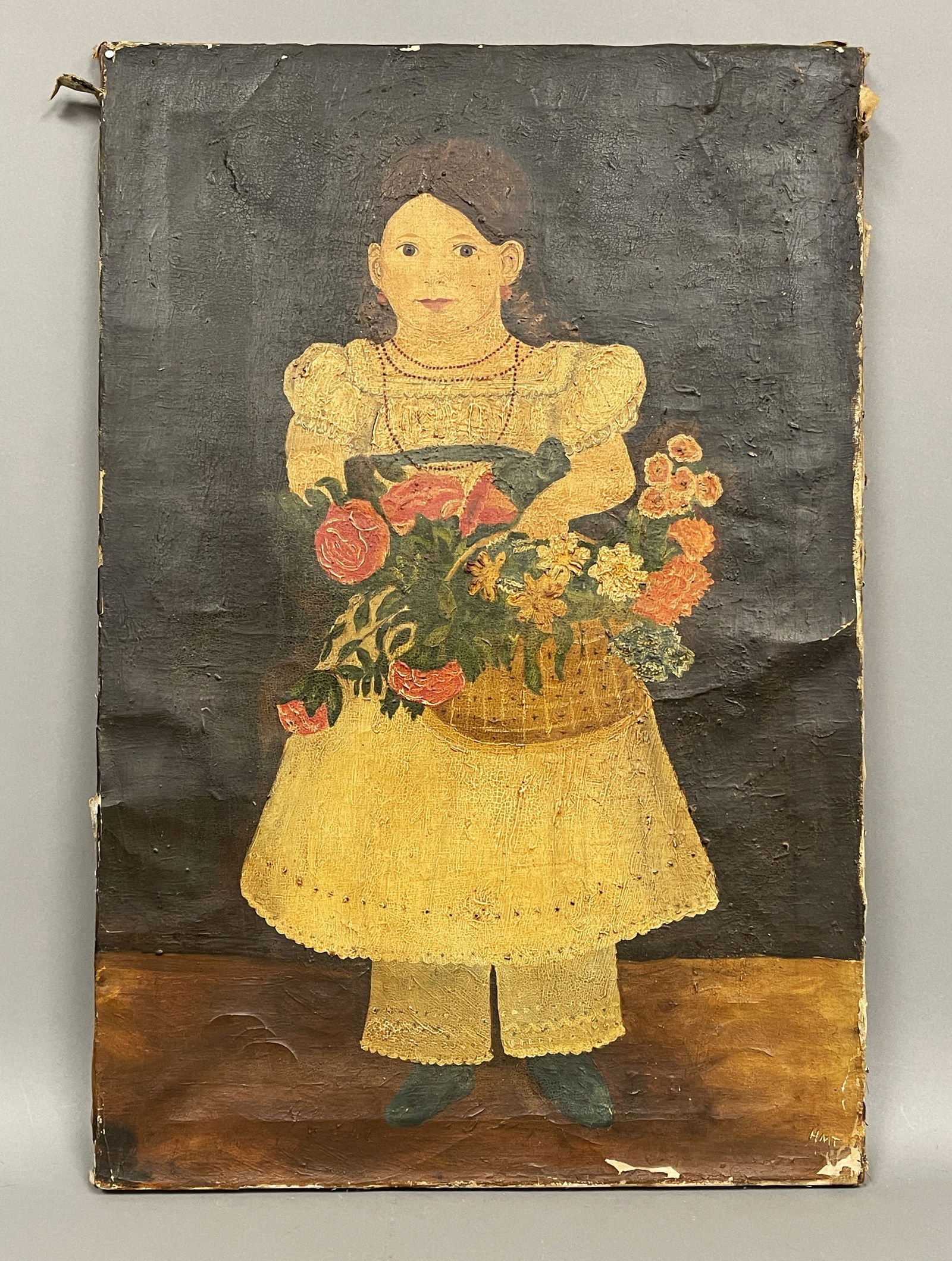 EARLY 19TH C O/C PRIMITIVE PAINTING OF A YOUNG GIRL HOLDING FLOWERS ORIGINAL CONDITION C.1820-1840 (1 of 3)
