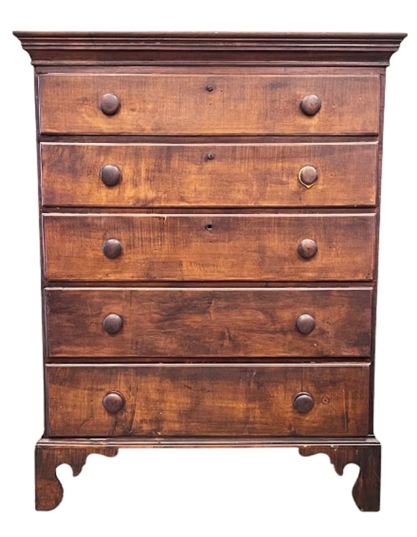 CHIPPENDALE TALL CHEST IN TIGER MAPLE AND IN OLD ORIGINAL SURFACE DOVETAILED BRACKET BASE (1 of 8)