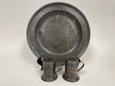 LARGE PEWTER CHARGER W/ PEWTER FLOUR AND SUGAR