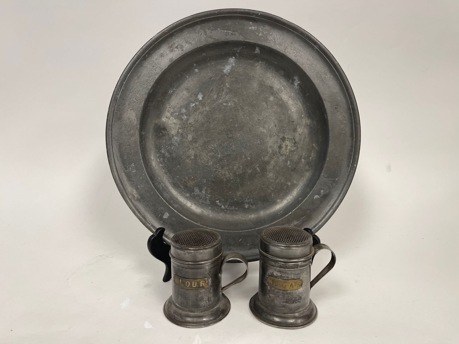 LARGE PEWTER CHARGER W/ PEWTER FLOUR AND SUGAR (1 of 5)