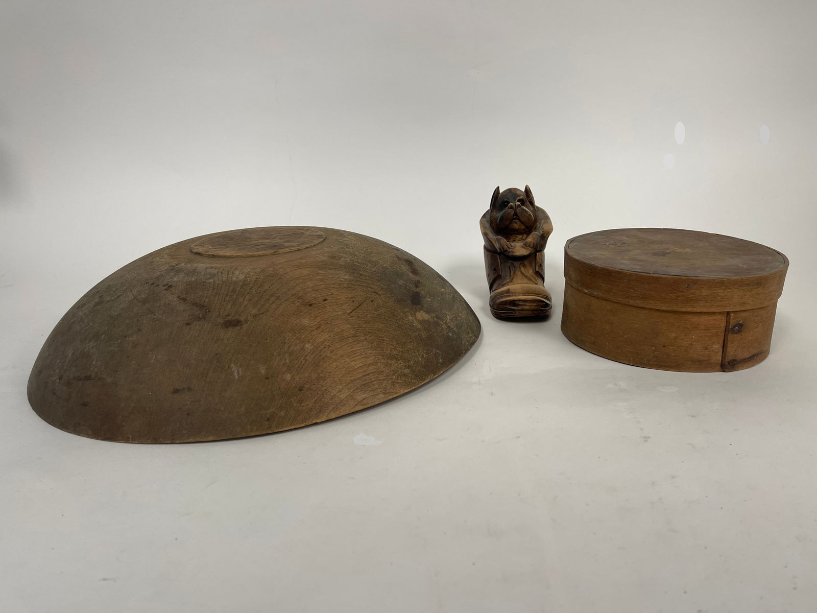 SMALL PANTRY BOX WORTH WOODEN CARVED DOG INKWELL OVER WOODEN BOWL (1 of 4)
