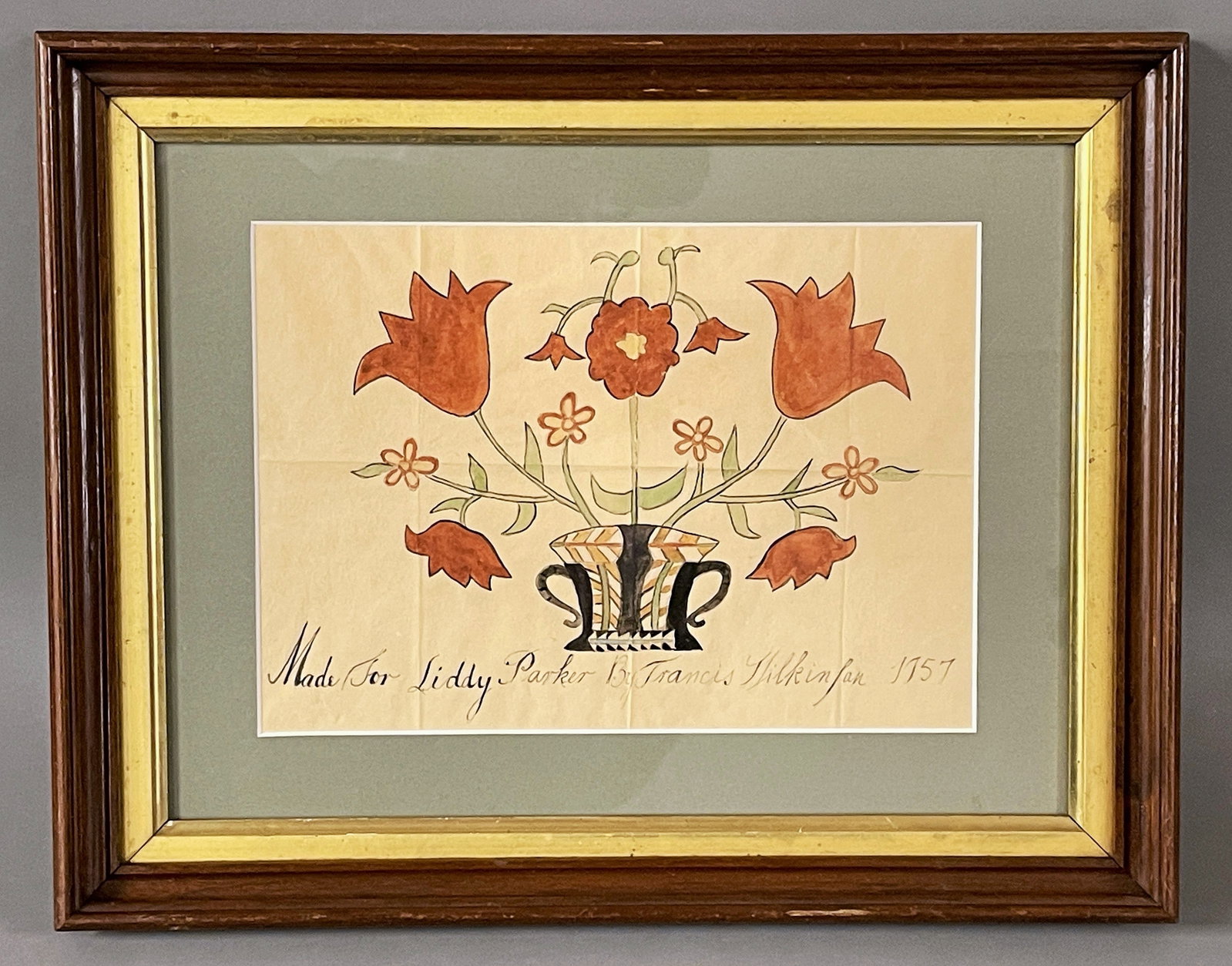 WATERCOLOR FRAKTUR BY FRANCIS WILINSAN: WATERCOLOR FRAKTUR " MADE FOR LIDDY PARKER" BY FRANCIS WILINSAN , 1757 INFO ON BACK, 8 X 11, 13 X 16 FRAME