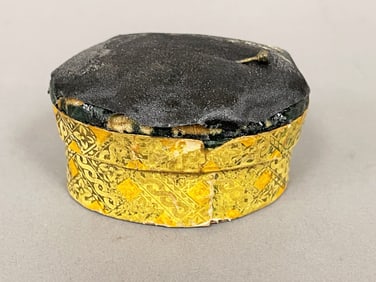 19TH C MINI PRINT ORANGE AND BROWN WITH GREEN WOOL DOME TOP PIN CUSHION