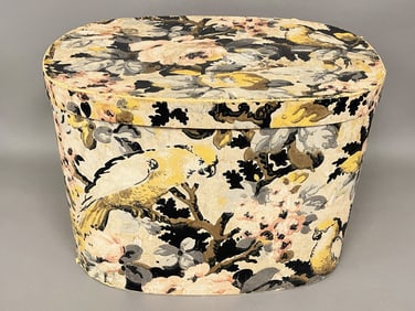 1890-1920 C RARE OVAL COCKATOO WALLPAPER "STOCK PAPER" HAT BOX