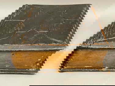 EARLY BOOK FORM BIBLE BOX, PAINTING ON TIN