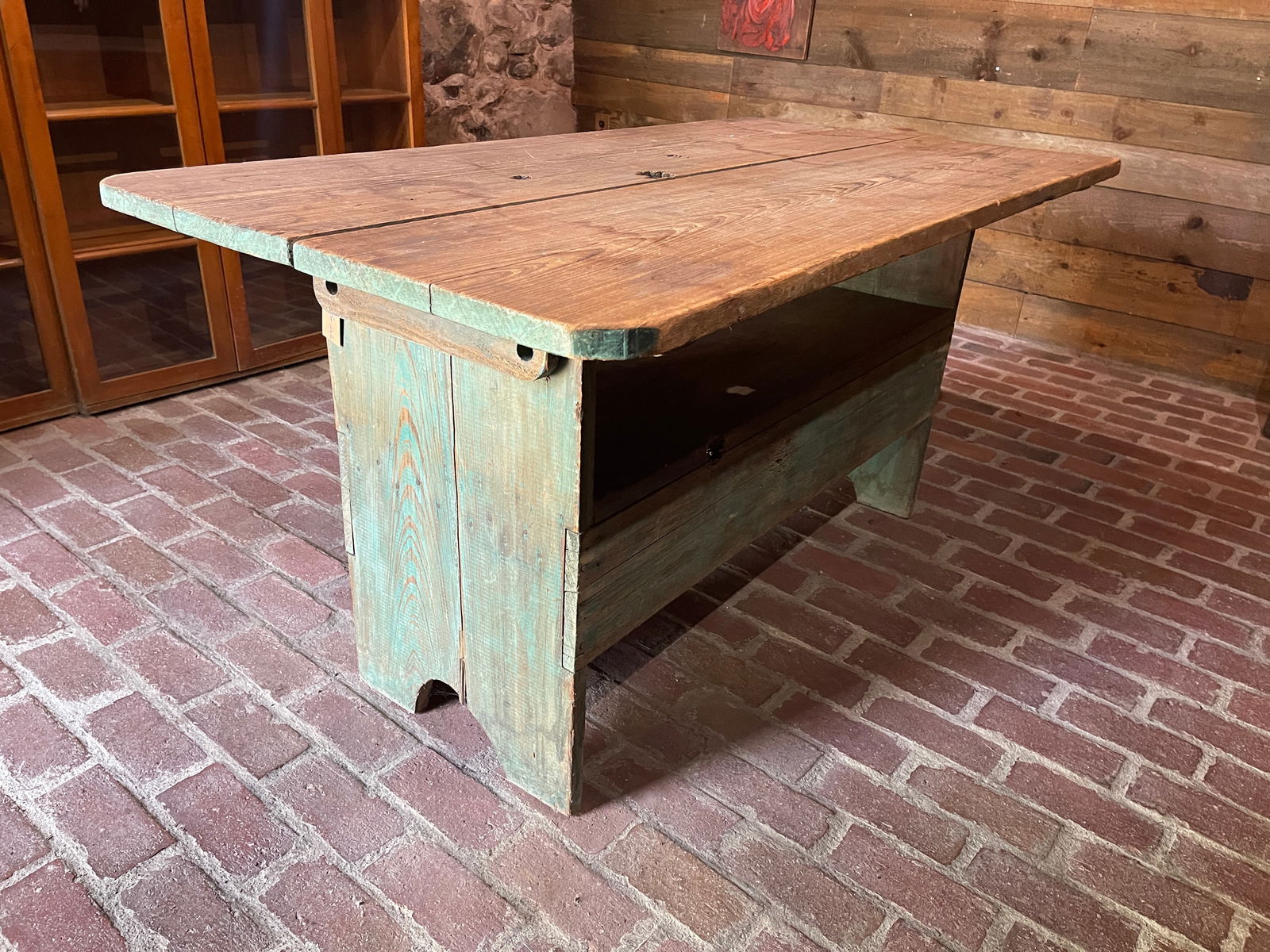 19TH C GREEN PAINTED LIFT TOP HUTCH TABLE (1 of 4)