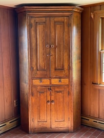 EARLY PRIMITIVE CORNER CUPBOARD, RAISED PANEL DOORS