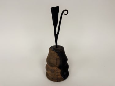 WOOD BASE FORGED IRON CANDLE HOLDER