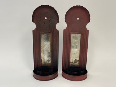 PAIR OF SHEET IRON SCONCES IN REMNANTS OF WORN OLD RED PAINT