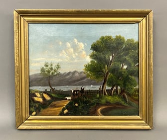 19THC AMERICAN SCHOOL O/C RIVERSIDE LANDSCAPE W/ FIGURES