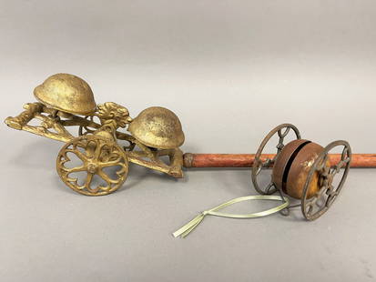 2 19TH C BELLS TOYS: 2 19TH C BELLS TOYS NN HILL BRASS CO. "TELEPHONE" BELL TOY W/2 GONGS PUSH TOY; SIMPLE SINGLE BELL