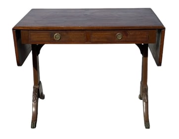 LATE 19THC MAHOGANY SOFA TABLE WITH INLAY.