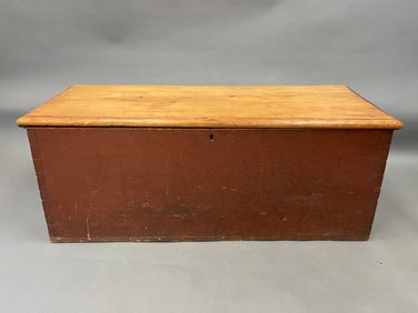 18TH C SEA CAPTAIN CHEST CANTED SIDE WITH ORIGINAL RED PAINT, DOVETAILED CORNERS