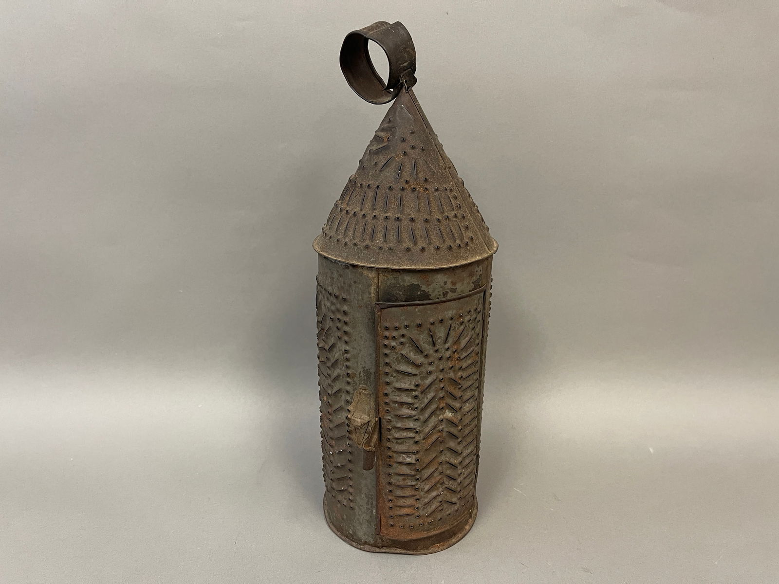 19TH C PIERCED TIN LANTERN , HAND RING,HINGED DOOR , INTERIOR CANDLE SOCKET 16" (1 of 5)