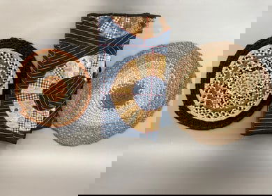 EARLY HAND STITCHED DOUBLE SIDED CRIB QUILT PANEL W/ WAGON WHEEL PATTERN AND EMBROIDERED FARM