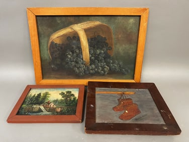 3 PAINTINGS GREAT MILL W/ WATER WHEEL BASKET AND HARDEN 1ST BABY SHOES