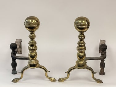 PAIR OF BIG BOSTON BALL TOPPED BRASS ANDIRONS