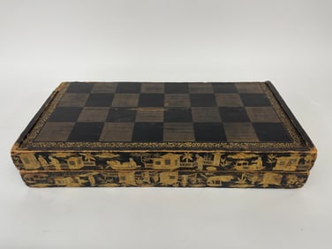 CHINESE GAME BOARD BOX W/ CARVED GAME PIECES