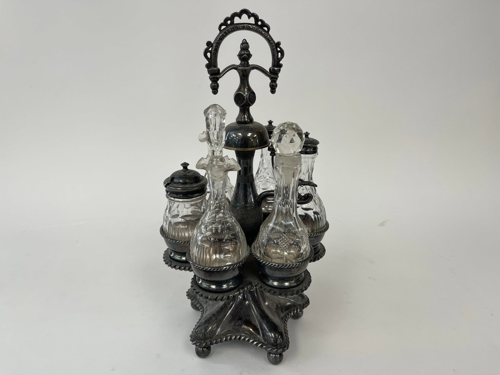 PEWTER CASTER SET W/ SERVICE BELL AFFIXED: HIGHLY UNUSUAL PLATED PEWTER CASTER SET W/ SERVICE BELL AFFIXED 8" X 14"