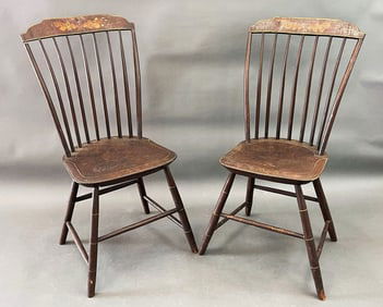 EARLY PAIR STEPDOWN DECORATED SIDE CHAIRS