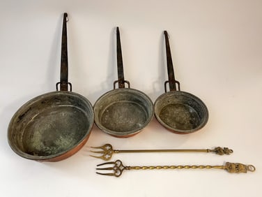 18TH C COOKING PANS, ROASTING FORKS