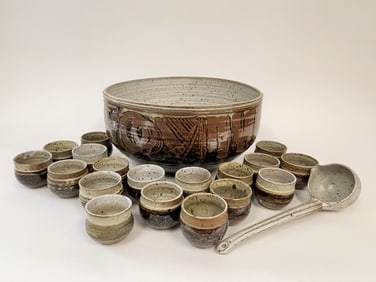 GERRY WILLIAMS  POTTERY PUNCH BOWL , CUPS , AND LADLE
