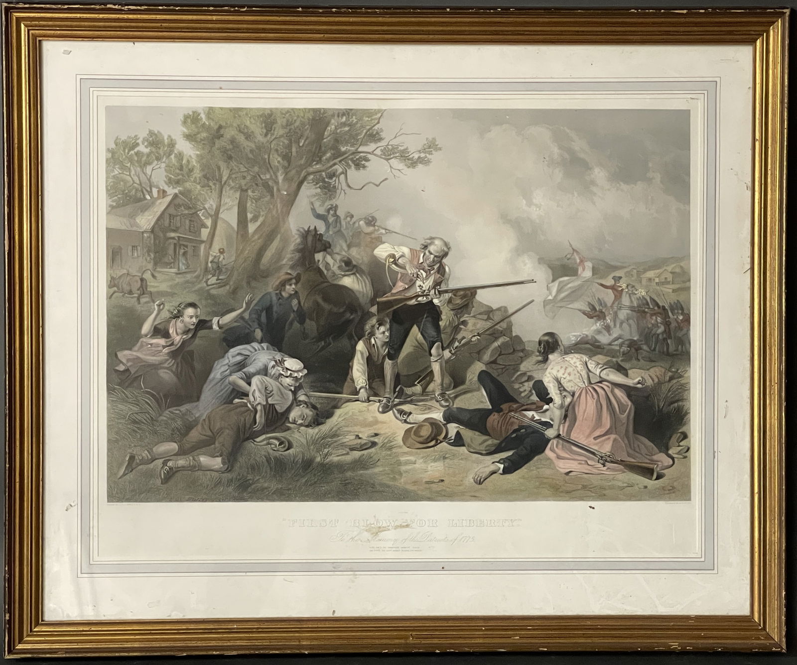 HAND COLORED PRINT " FIRST BLOW TO LIBERTY" TO MEMORY OF PATRIOTS OF 1775 (1 of 3)