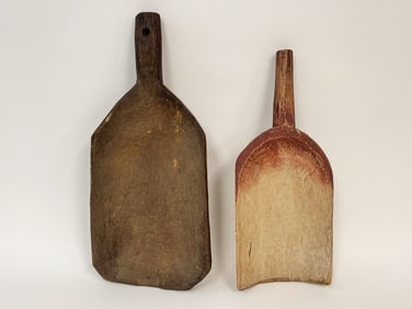 TWO GOOD EARLY WOODEN SCOOPS
