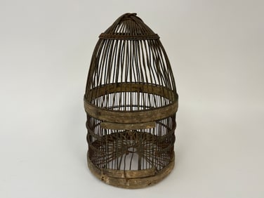 EARLY WIRE , WOOD , STRING GOTHIC STYLE FINCH CAGE