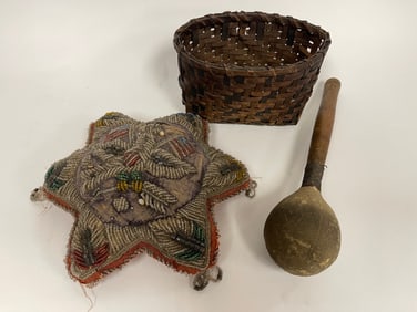 NATIVE AMERICAN LOT BEADED STAR SMALL DECORATED BASKET DRUM STICK