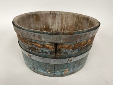 SMALL PAINTED BLUE GATHERING / FEED BARRELL