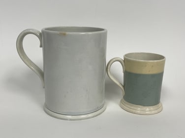 TWO MUGS, BLUE WHILE PEARLWARE MUG 3&5"