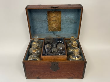 C.1720 SEA CAPTAIN'S OAK LIQUOR BOX W/ BLOWN GLASS BOTTLES