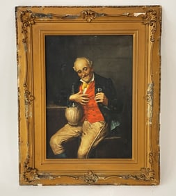 SMALL OIL ON CANVAS OF A MAN ENJOYING HIS WINE