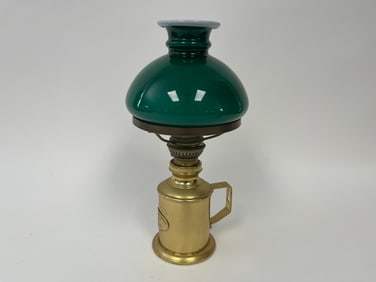 BRASS LAMP W/ CASED GLASS GREEN SHADE SIGNED HARNISH 1842 DENMARK