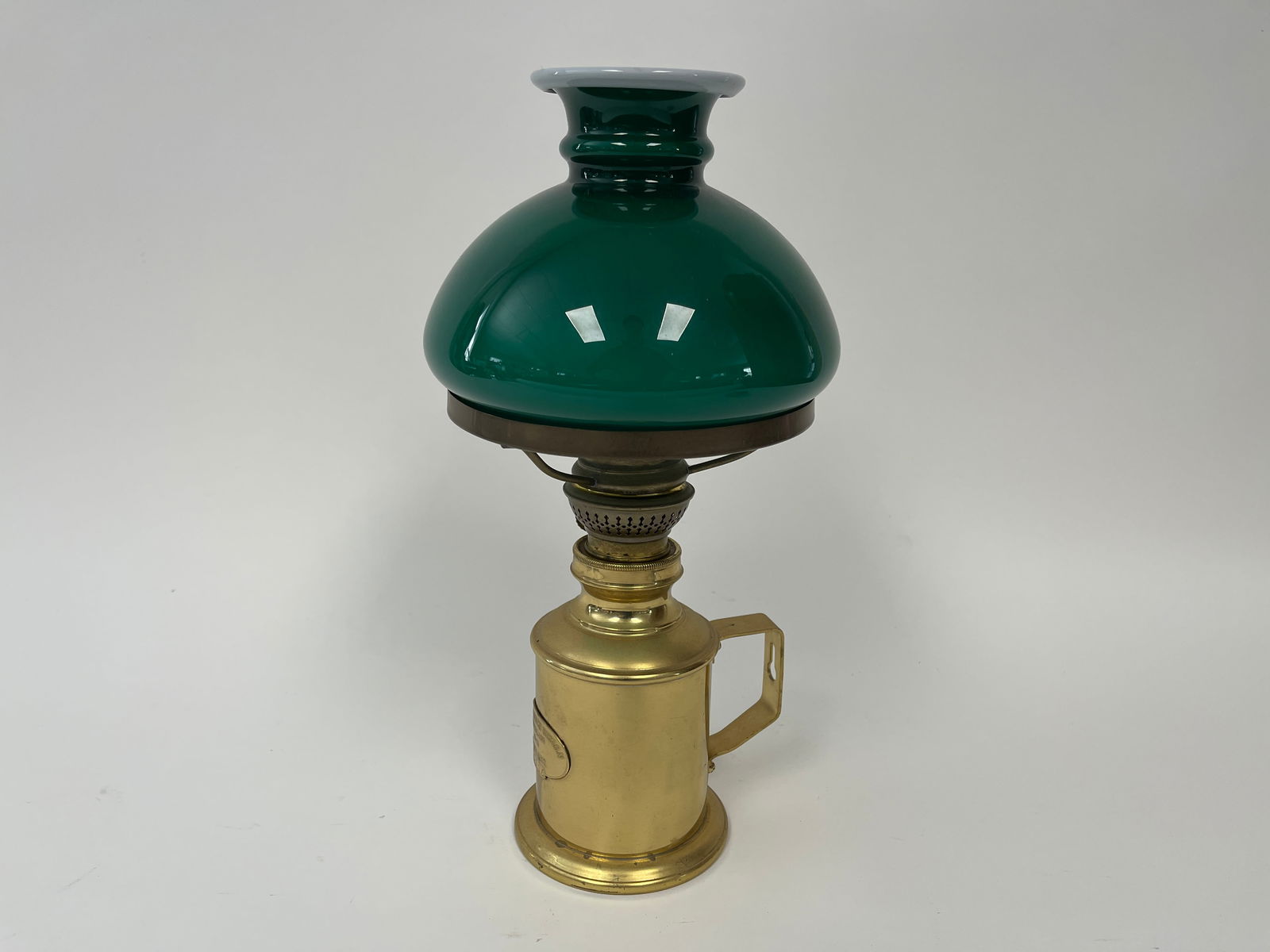 BRASS LAMP W/ CASED GLASS GREEN SHADE SIGNED HARNISH 1842 DENMARK (1 of 4)