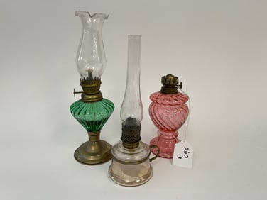 3 MINI OIL LAMPS; CRANBERRY W/ ENAMEL DECORATION , GREEN & CLEAR IN COLOR