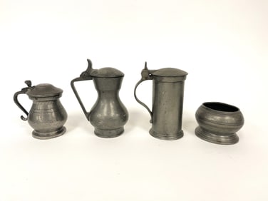 3 18TH-19TH  SMALL PEWTER MEASURES,  MASTER SALT